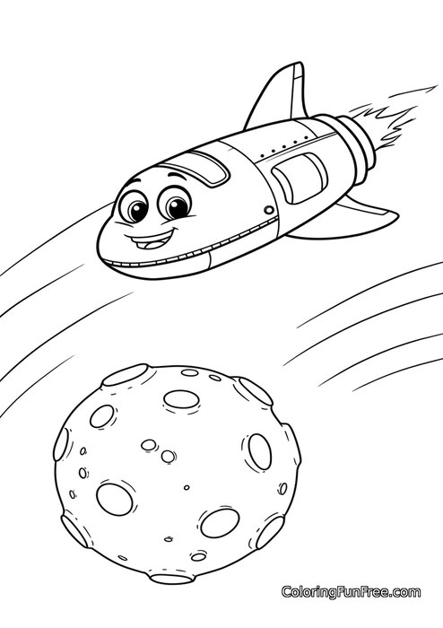 Cartoon rocket with face flying by moon