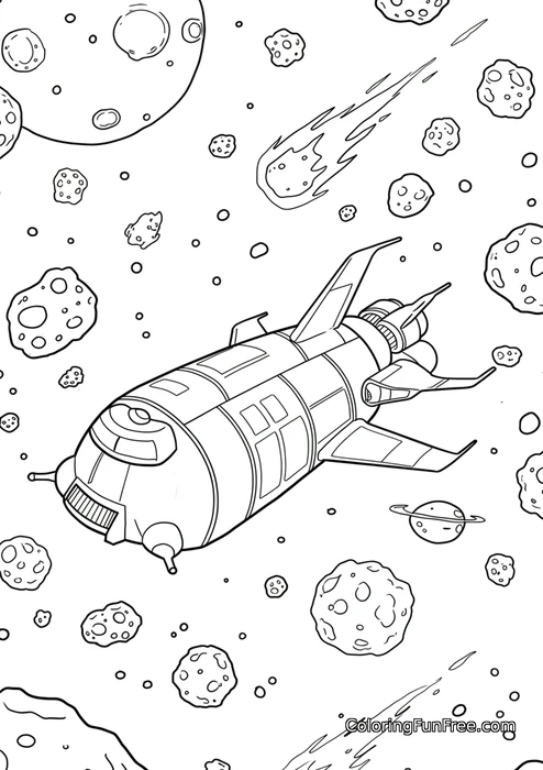 Futuristic spaceship in asteroid field
