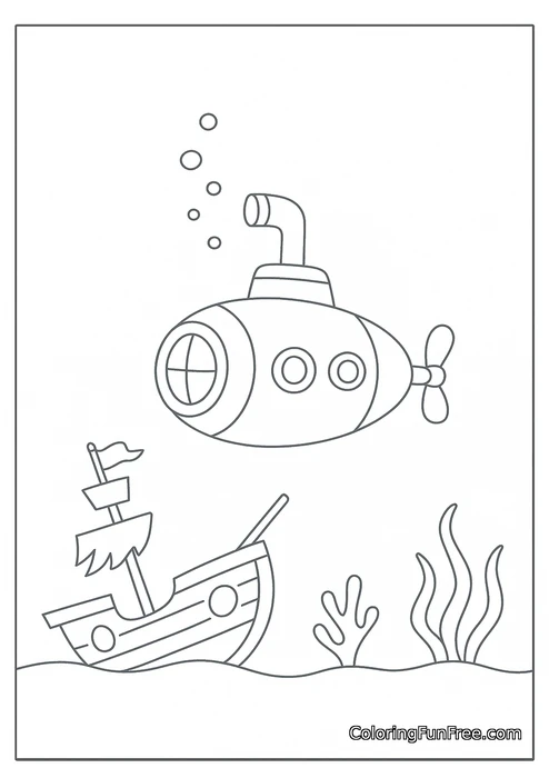 Submarine and sunken shipwreck