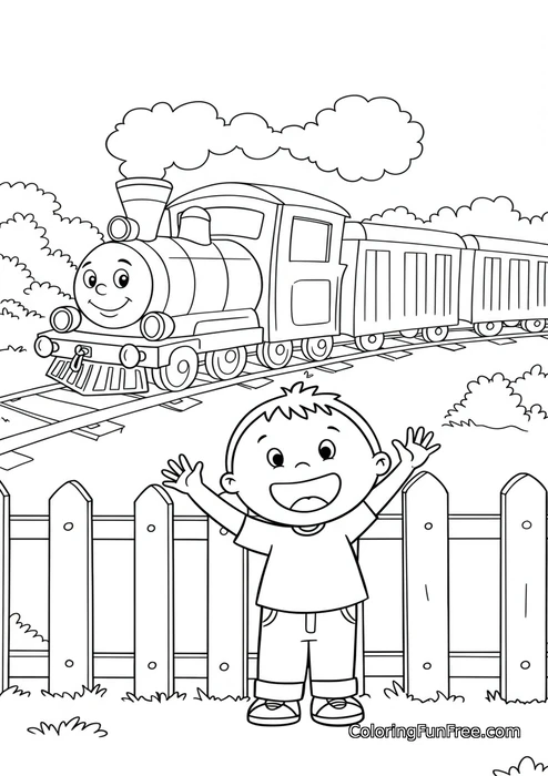 Boy waving at cartoon train