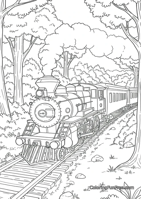 Steam train in forest