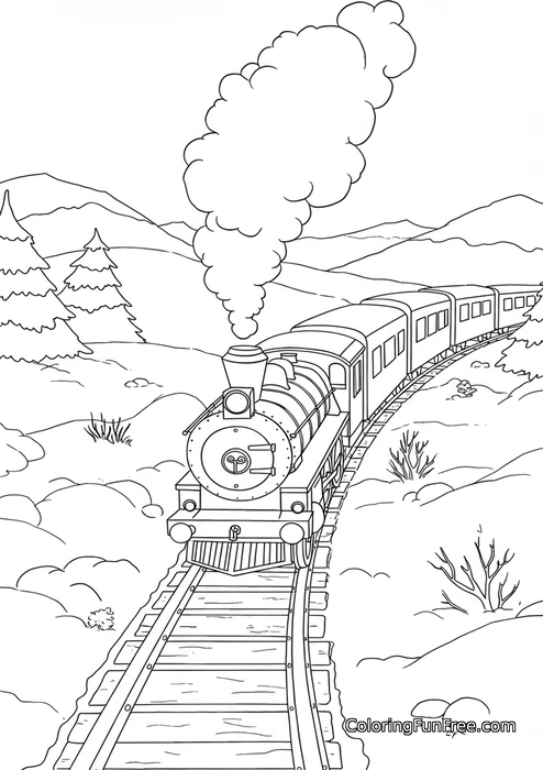 Steam train in snowy landscape